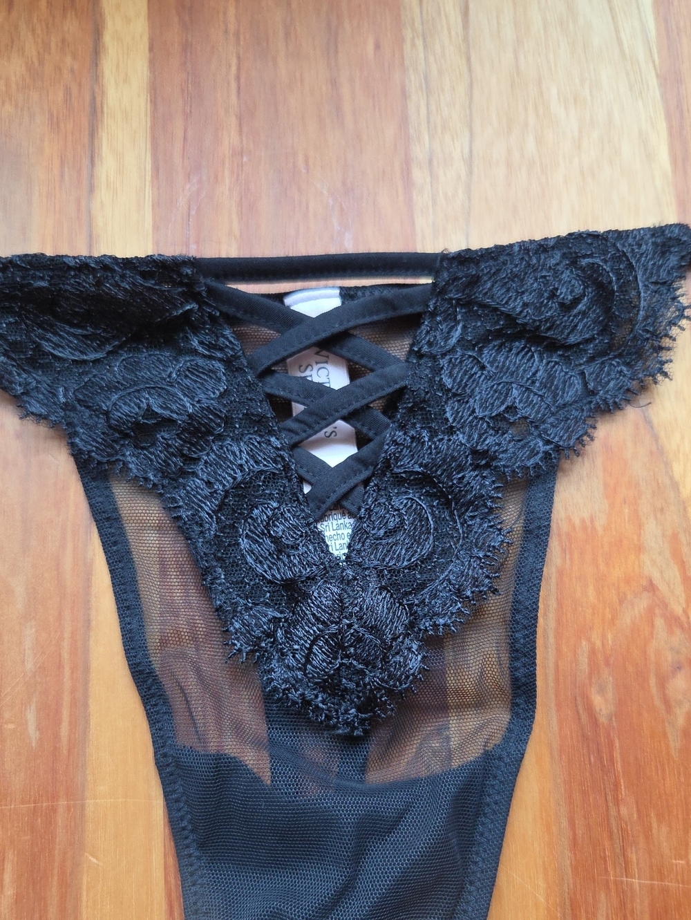 NWOT Victoria's Secret Lace-up Black Mesh & Lace Thong size L